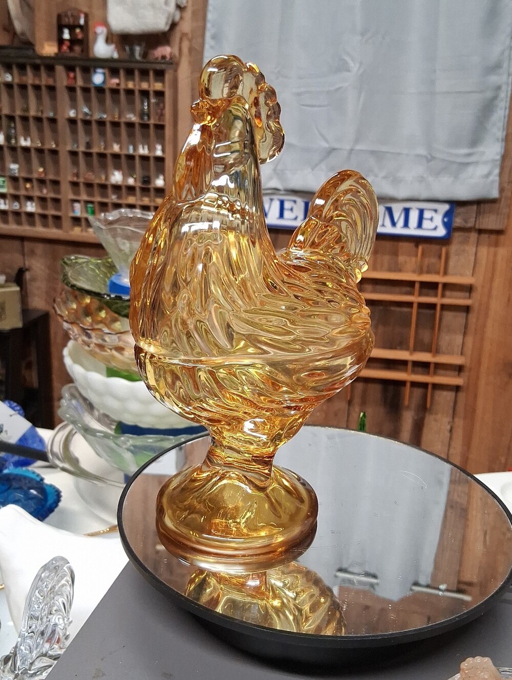 Brilliant Amber Glass Rooster Candy Dish, Standing Rooster, Hen On Nest